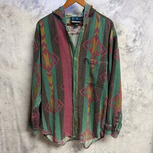 VTG Rhinoceros Hoodie 90s Grunge Y2K Button Up Long Sleeve Shirt Mens L 22.5x29